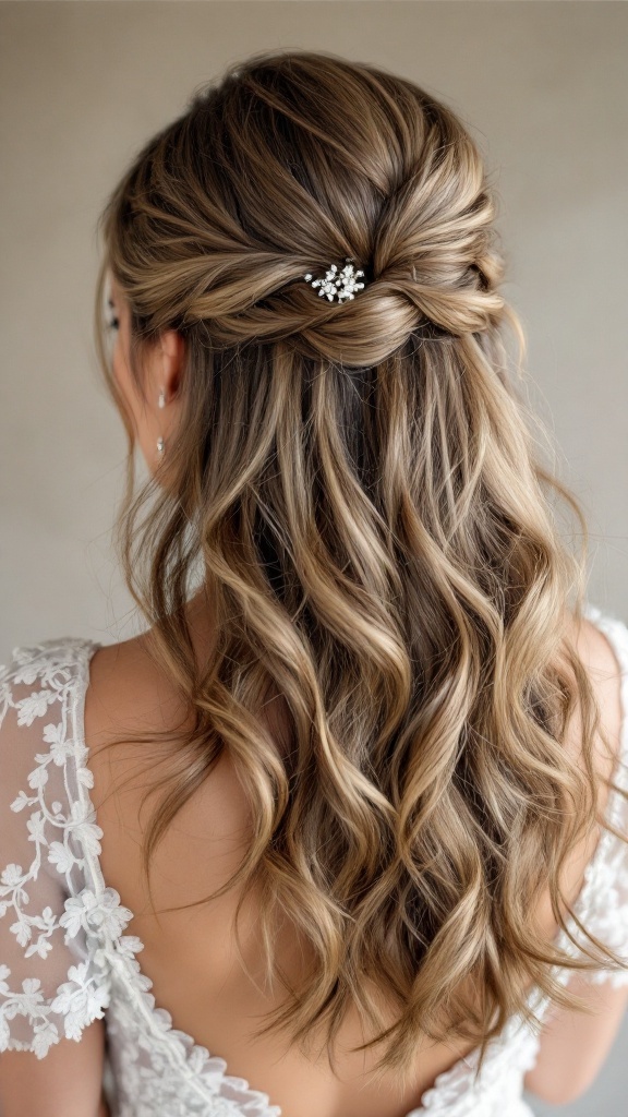 A bride's half up hairstyle featuring soft curls and a delicate hair accessory, showcasing a boho vibe.