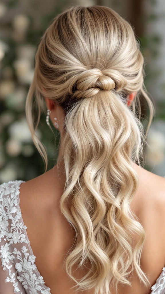 A styled textured high ponytail with soft waves, featuring a twist at the base, suitable for bridesmaids.
