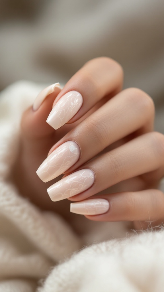 Close-up of textured ivory nails with floral patterns.