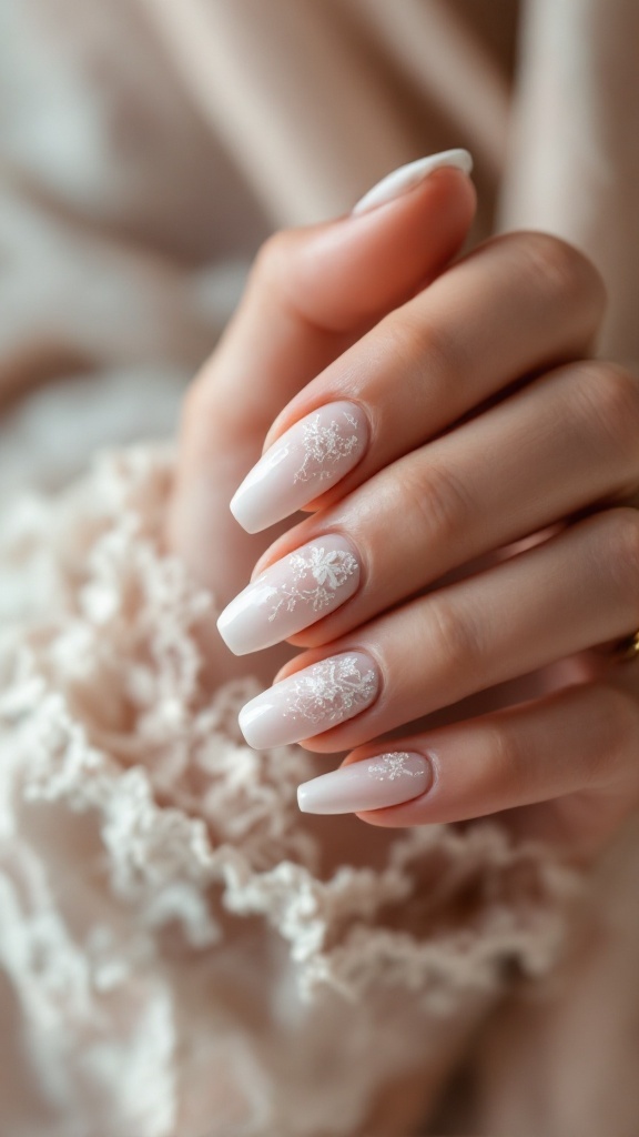 Elegant wedding nails featuring textured lace design and glitter accents on a soft white background.