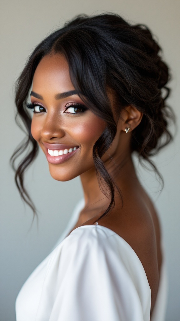 Bridesmaid hairstyle featuring textured layers and a subtle shine.