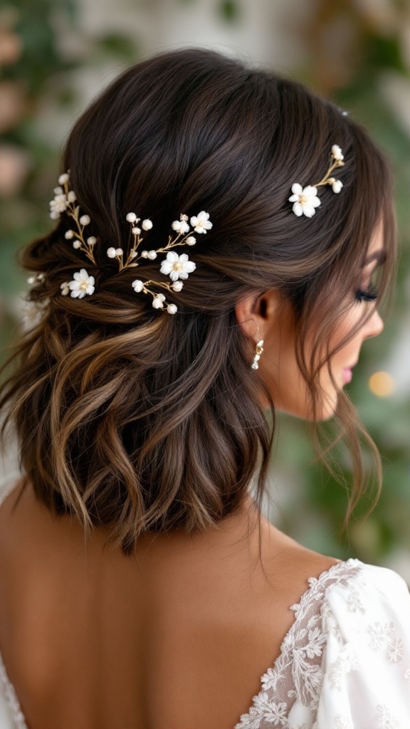 A woman with a textured lob hairstyle adorned with flowers and accessories, showcasing a modern bridesmaid look.