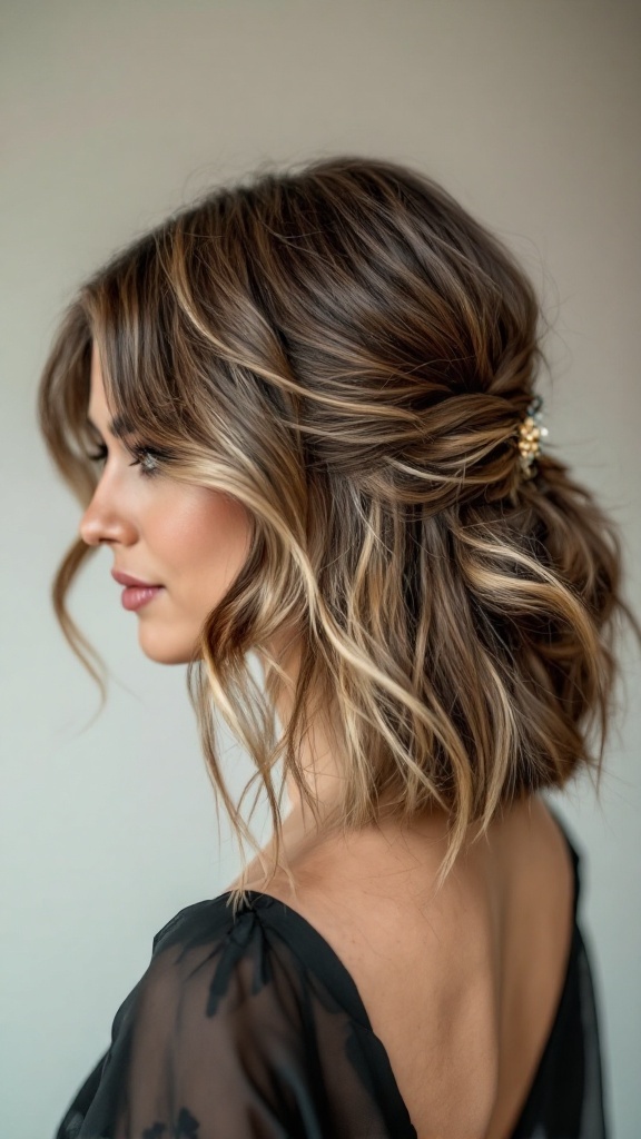 A textured lob hairstyle with highlights, styled elegantly with soft waves and a decorative hairpin.