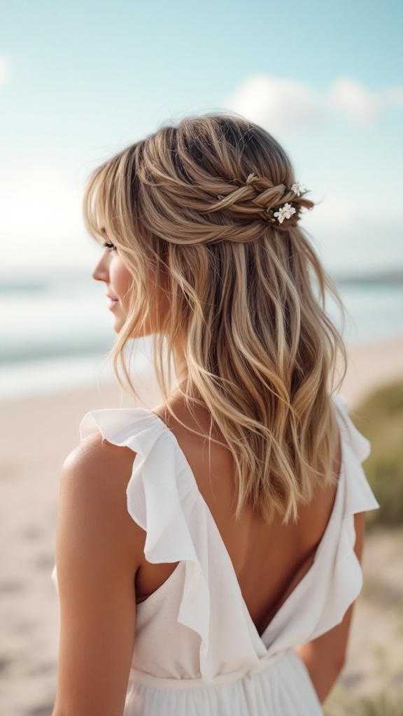A woman with textured lob hairstyle and side-swept bangs, wearing a white dress, standing by the beach.