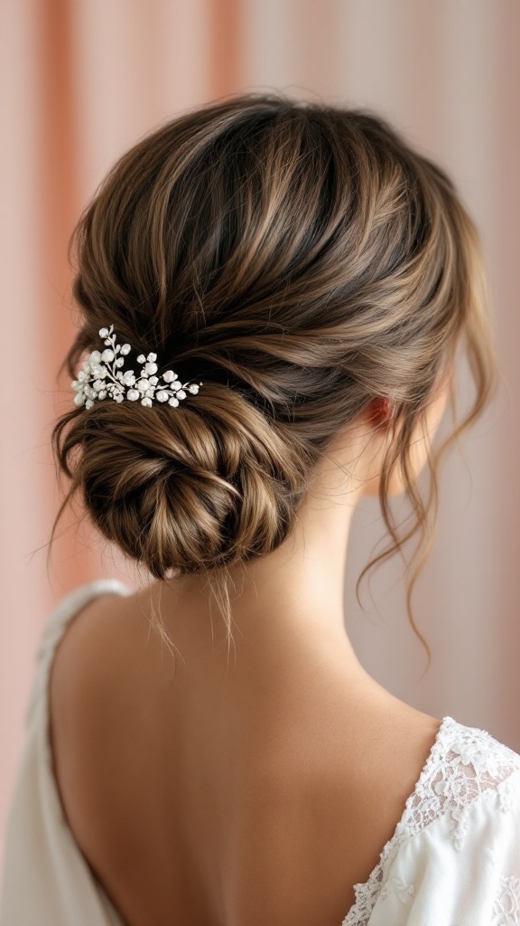 A close-up of a textured low bun hairstyle with soft waves and a delicate hair accessory.