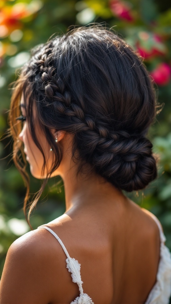 A woman with a textured low bun and side braid, styled elegantly for a wedding.