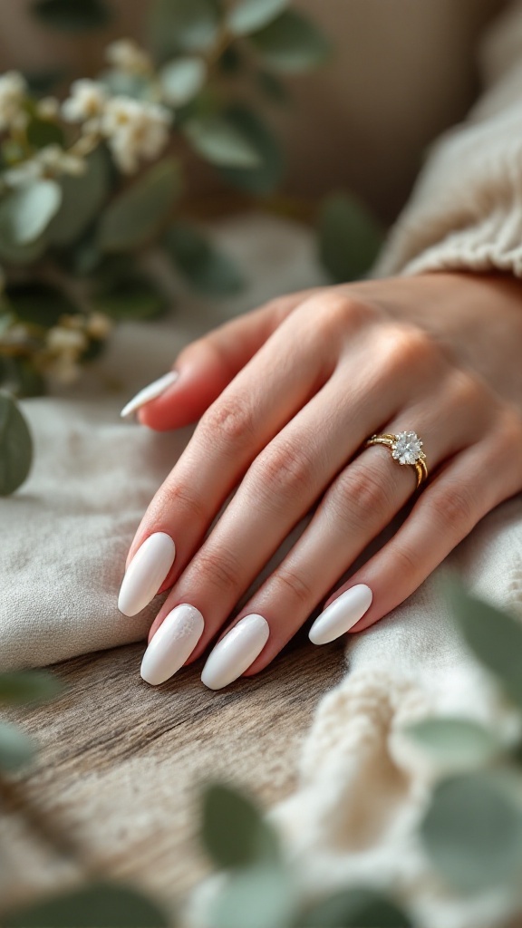 A hand with long, matte white wedding nails and a sparkling ring, surrounded by greenery