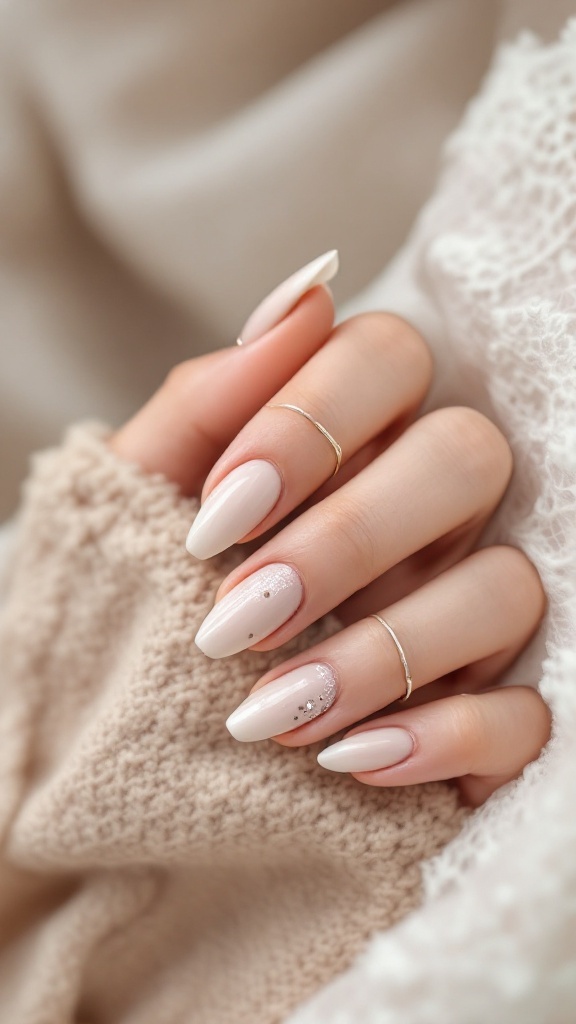 Nude wedding nails with chrome dots and textured accents