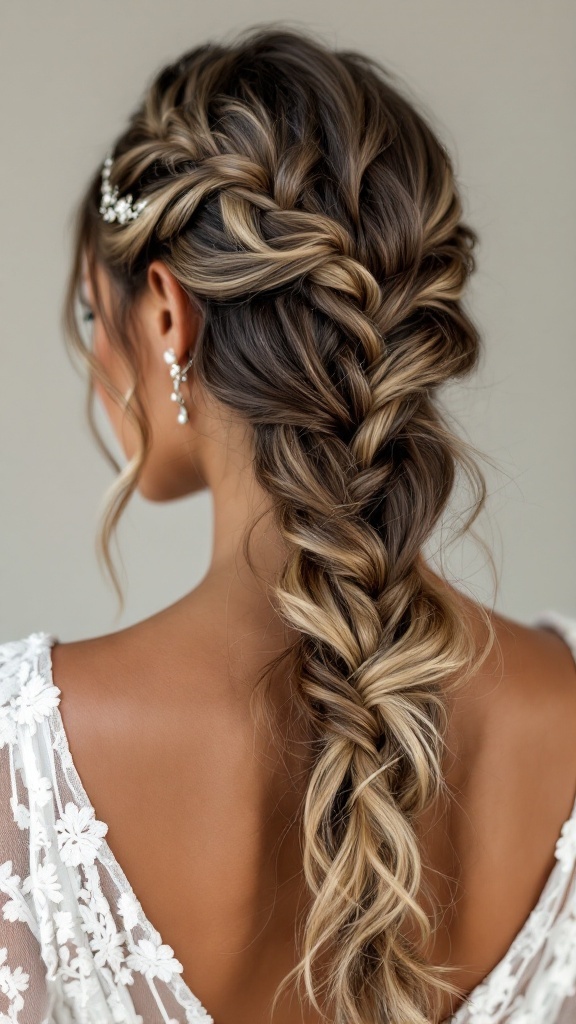 A close-up of a textured side braid hairstyle with a hairpin accessory, suitable for bridesmaids.