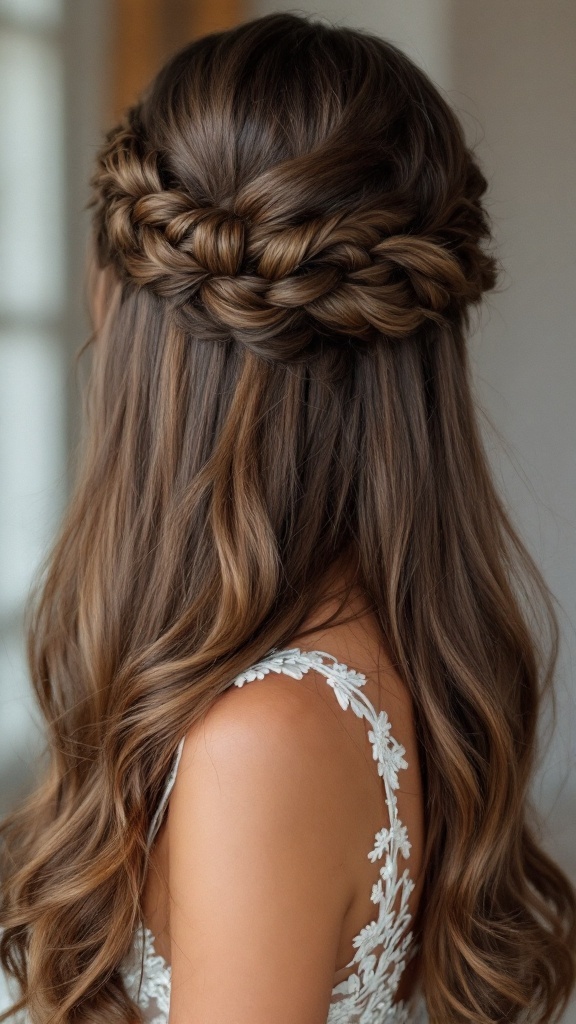 Bridesmaid hairstyle featuring textured straight hair and a braided accent.