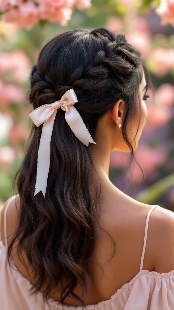 A woman with textured twisted half-up hairstyle adorned with a ribbon