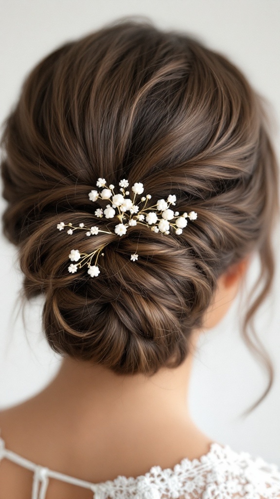 Textured updo hairstyle for bridesmaid featuring delicate white flower hairpins