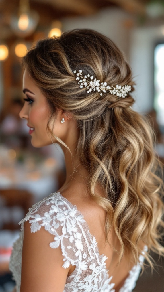 A bridesmaid hairstyle featuring loose textured waves adorned with a delicate hairband.