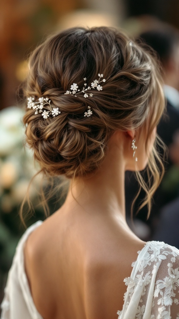 Textured wavy updo hairstyle with floral accents and elegant earrings.
