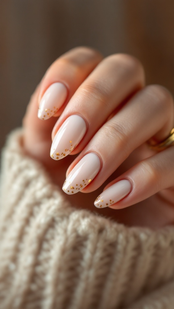 A close-up of elegantly manicured wedding nails featuring a nude base with tiny gold foil accents.