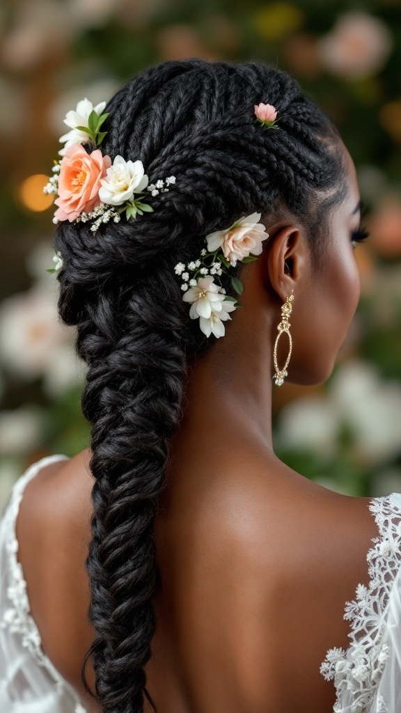 A close-up view of a traditional braided hairstyle with flowers, worn by a woman from the back.
