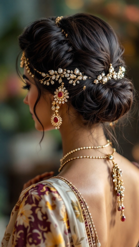 A close-up of a traditional bun hairstyle adorned with jewelry and elaborate mehndi.