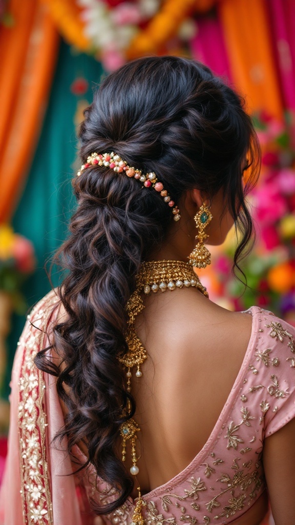 A woman with loose curls and a maang tikka, wearing traditional attire for an Indian wedding.