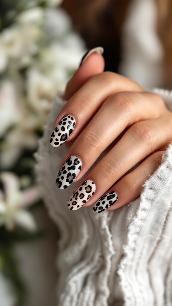 Close-up of a hand with tropical animal print nails featuring leopard patterns in black and beige.