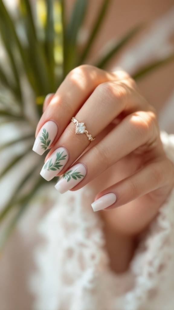 A close-up of a hand with tropical leaf nail designs, showing a delicate ring.