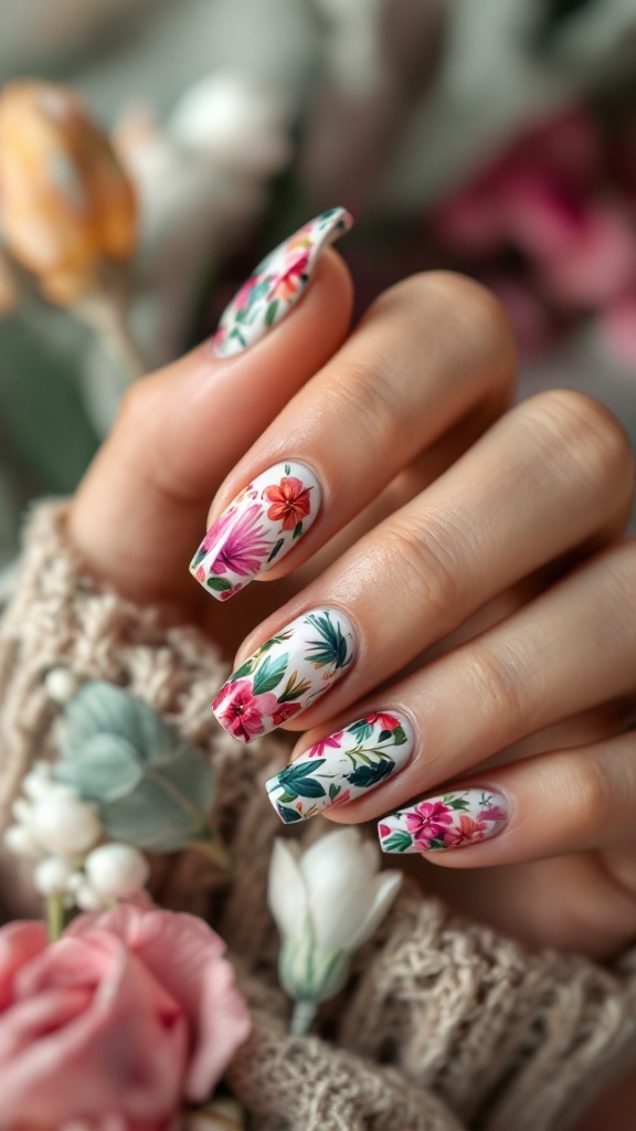 Close-up of hands with tropical themed nail wraps featuring colorful floral designs.