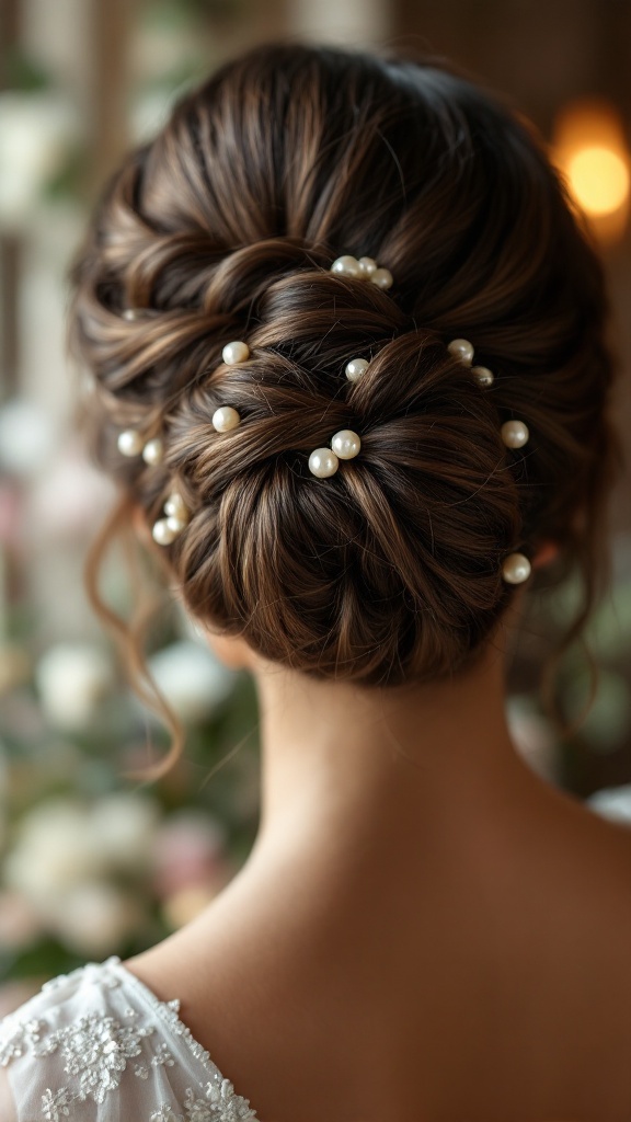 A close-up view of a twisted braided bun hairstyle adorned with pearls.