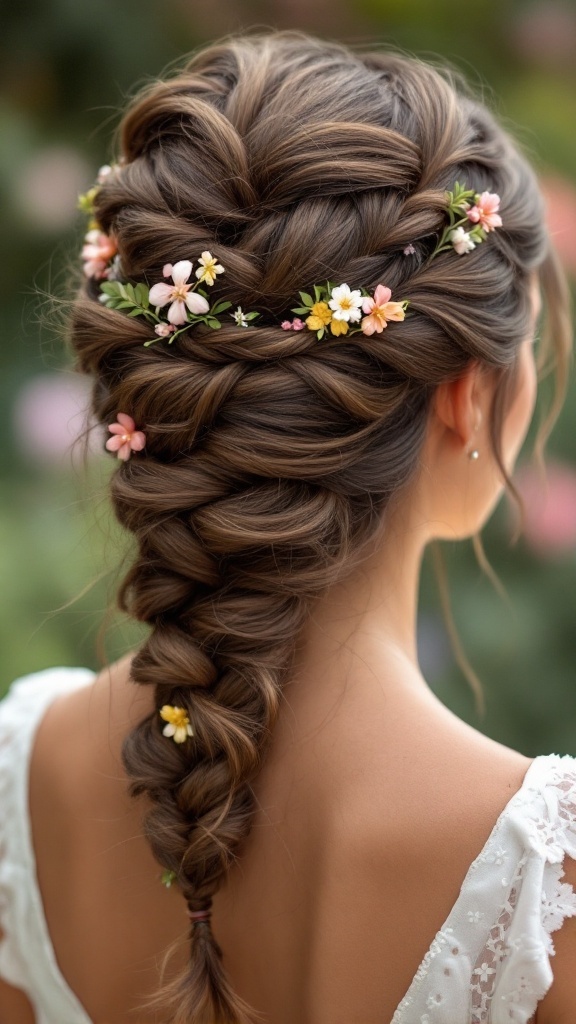 A stylish updo featuring twisted braids and floral accents, ideal for short hair bridesmaids.
