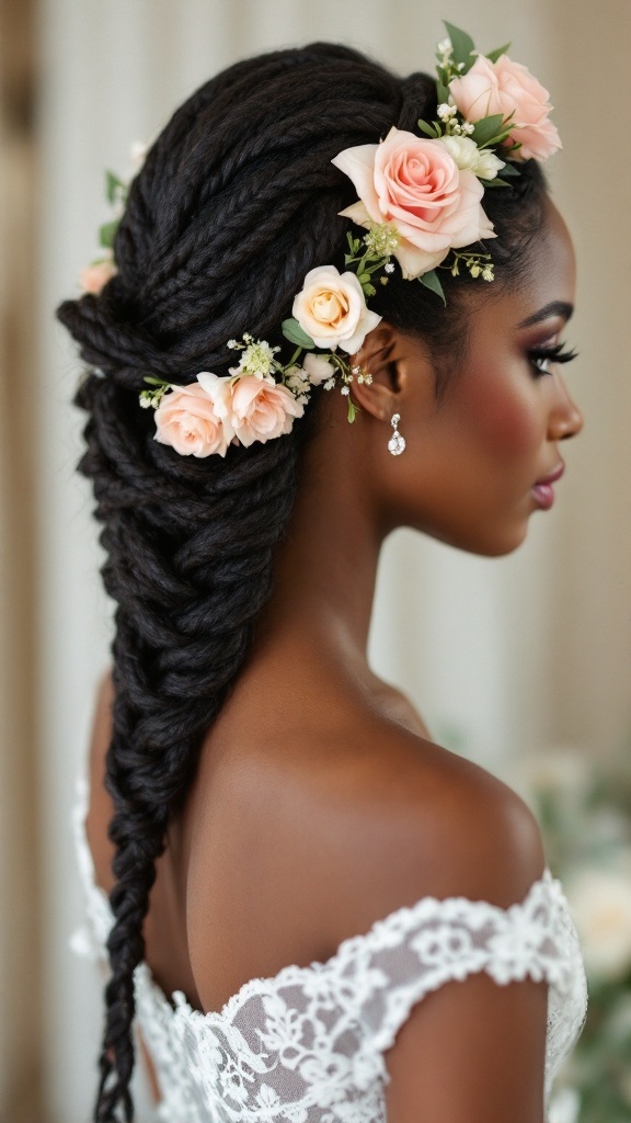 A close-up of a woman with twisted braids adorned with pink roses and greenery.