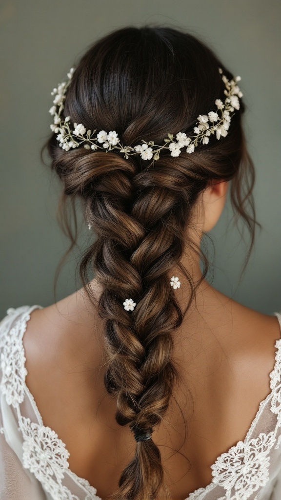 A beautiful twisted braid hairstyle for bridesmaids, featuring floral accents.