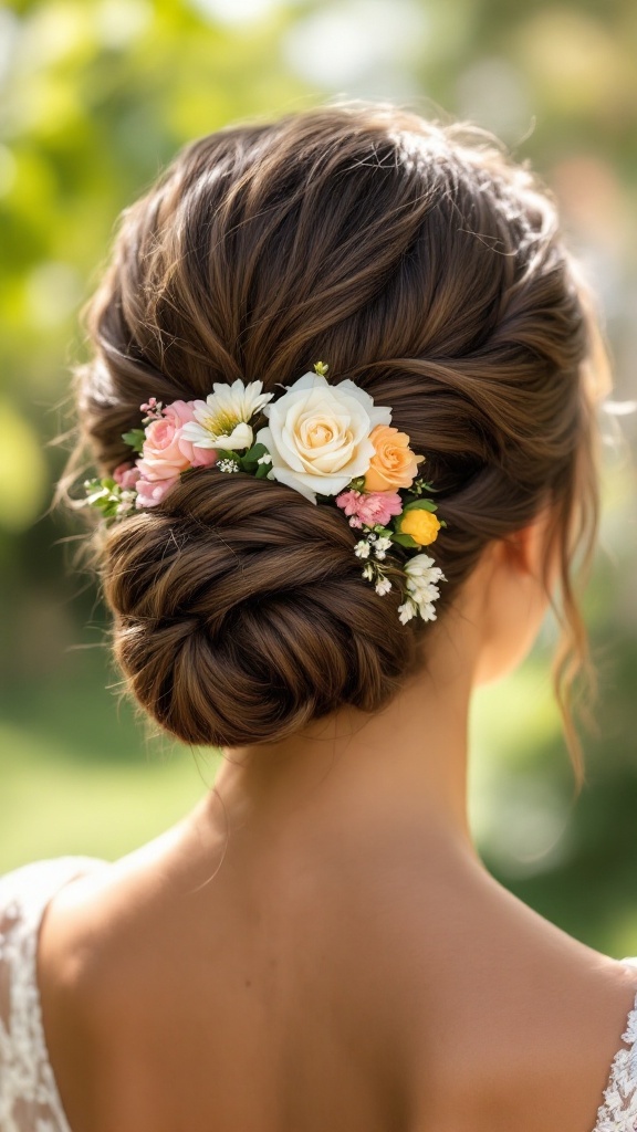 A twisted bun hairstyle adorned with colorful flowers, ideal for bridesmaids with long hair.