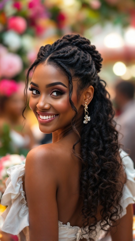 Bridesmaid with twisted bun and curly tendrils smiling at a wedding