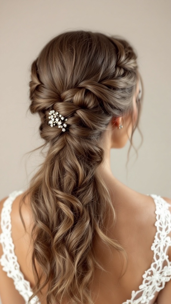 A twisted crown braid hairstyle with soft waves and a delicate hair accessory.