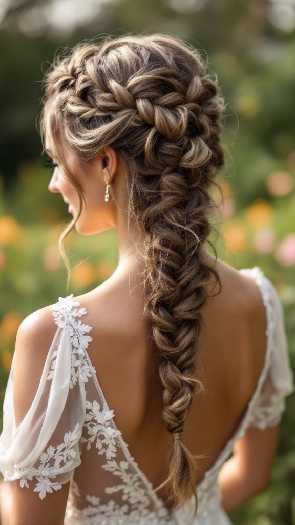 A woman with a twisted crown braid hairstyle, wearing a bridal outfit, showcasing elegance and sophistication.