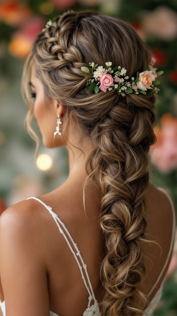 A close-up of a twisted crown braid hairstyle adorned with flowers, showcasing a romantic and elegant look.