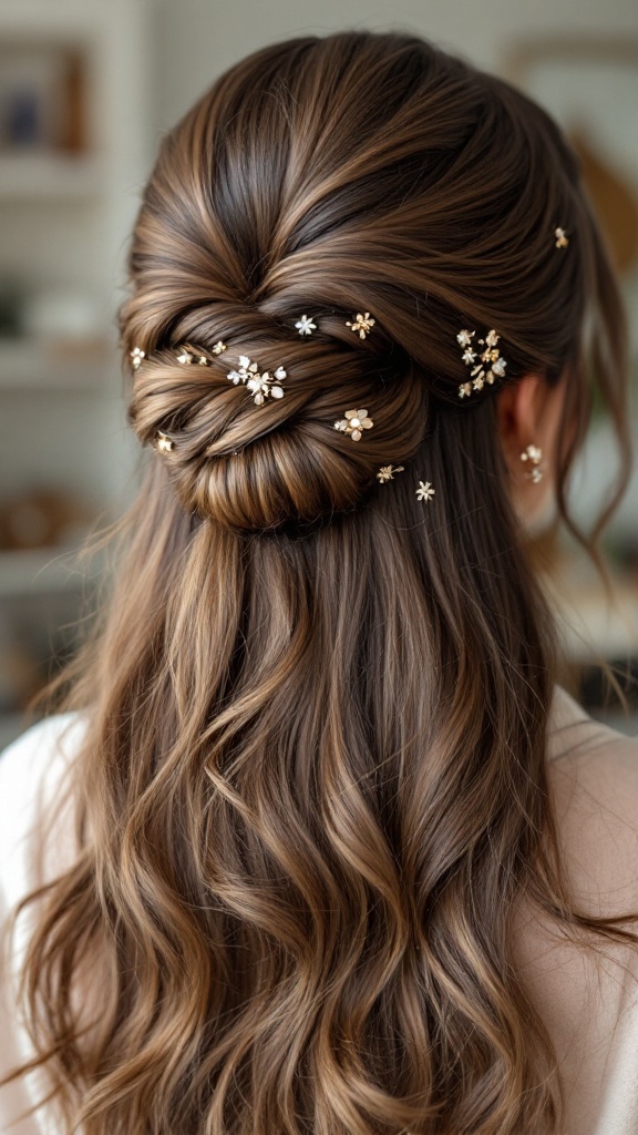 A twisted half-up bun hairstyle with loose waves and floral accessories
