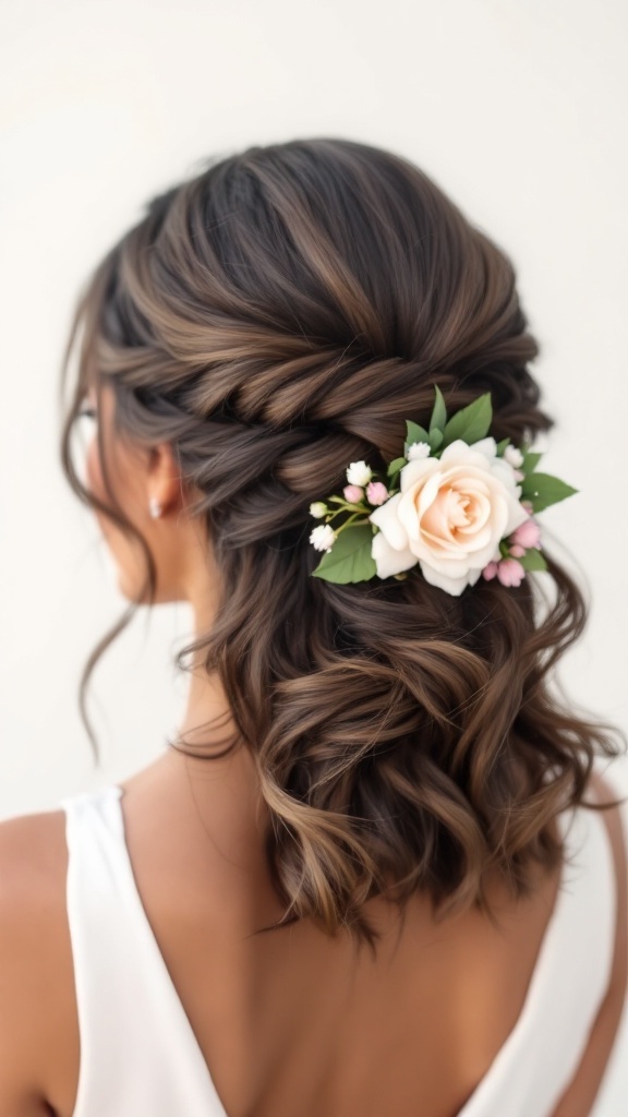 A twisted half-up hairstyle adorned with a floral hairpiece, showing soft curls and elegance.