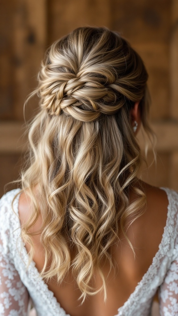 Half up half down bridesmaid hairstyle with twisted elements and soft curls.