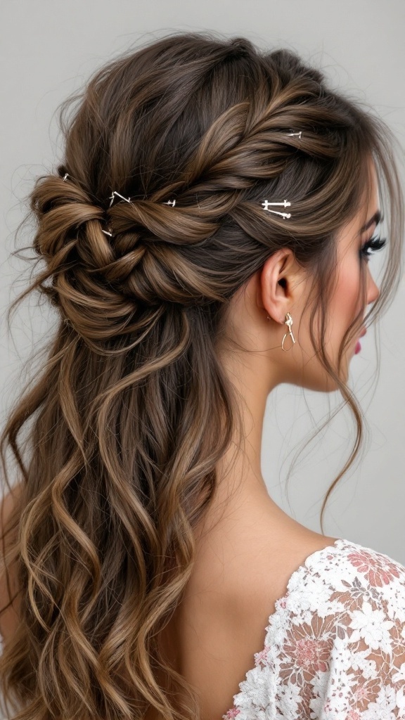 A twisted half updo hairstyle for a bridesmaid, featuring waves and delicate hair accessories.