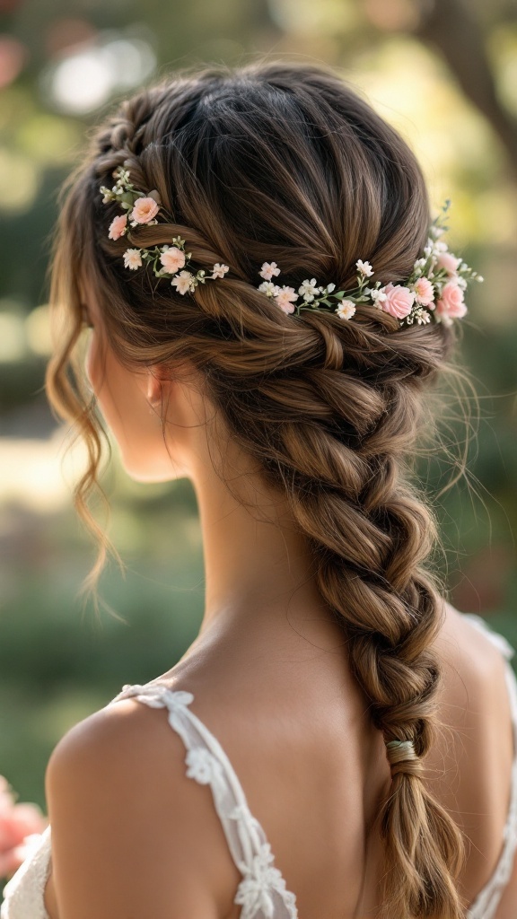 A beautiful twisted halo braid adorned with flowers.