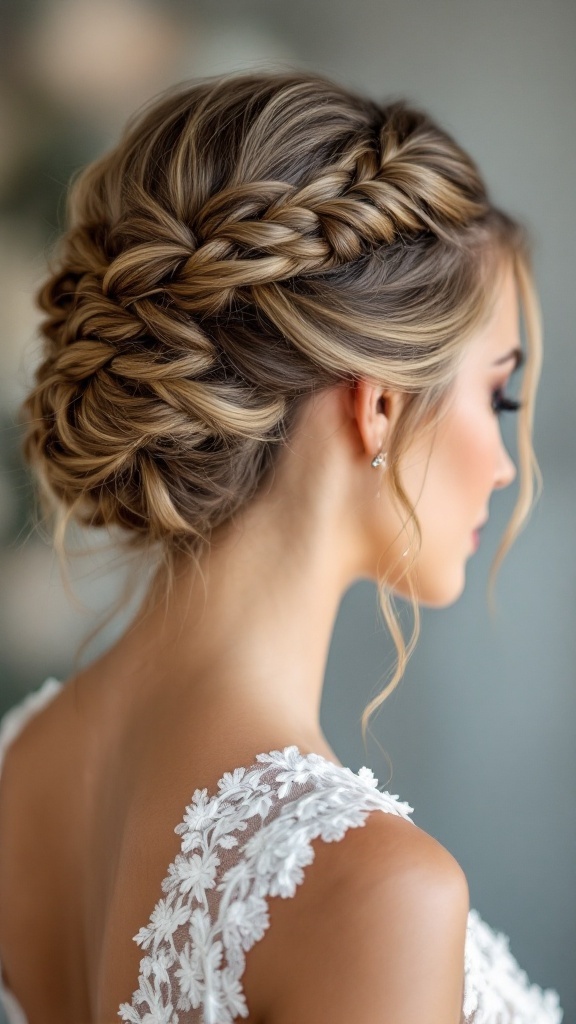 A twisted updo hairstyle with braided elements, perfect for bridesmaids.