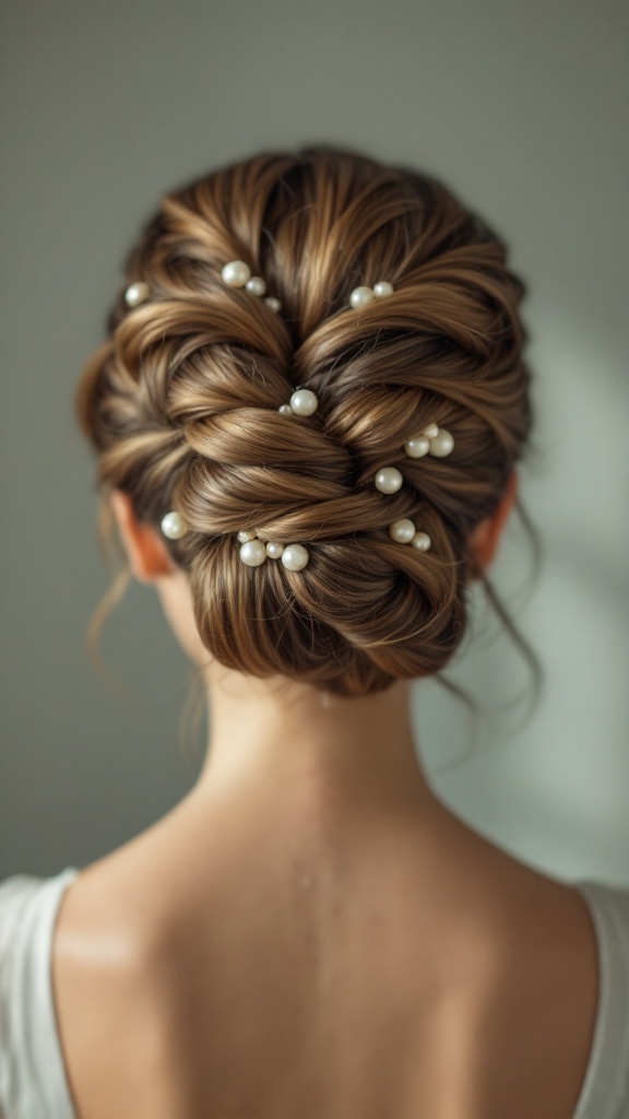 A twisted updo hairstyle adorned with pearls for a junior bridesmaid.