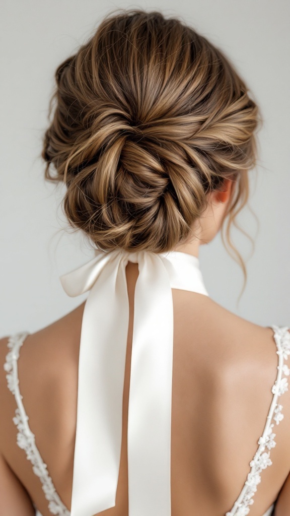 A twisted updo hairstyle adorned with a satin ribbon, suitable for a bridesmaid.