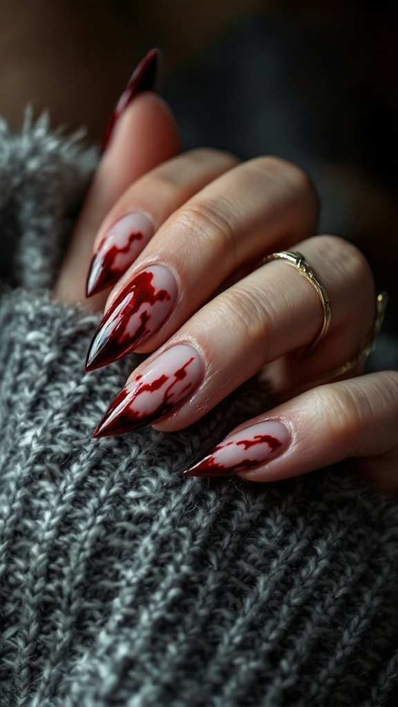 A close-up of gothic nails featuring vampire bite design with fake blood
