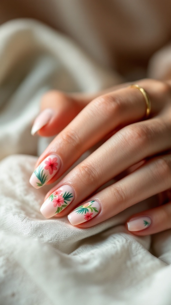 Close-up of a hand with tropical floral nail designs on a soft fabric background