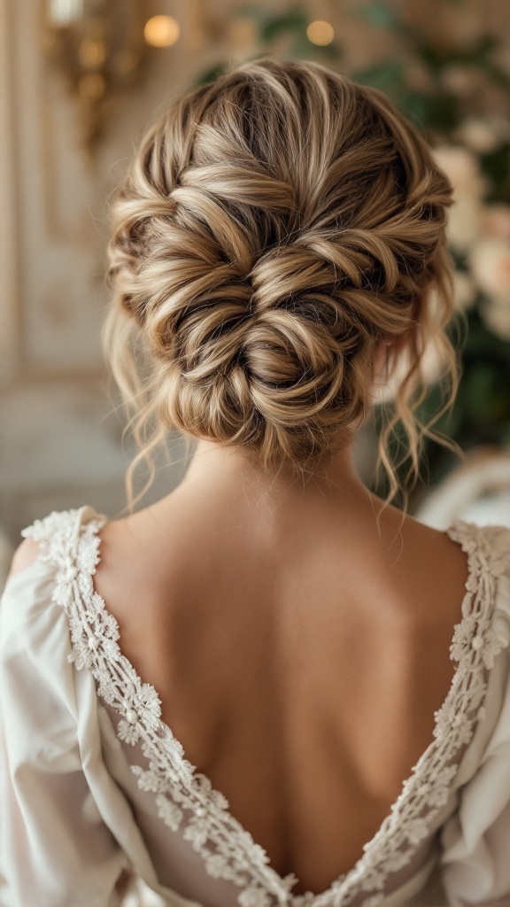 A woman with a vintage-inspired braided chignon hairstyle, showcasing intricate braids and a delicate gown.