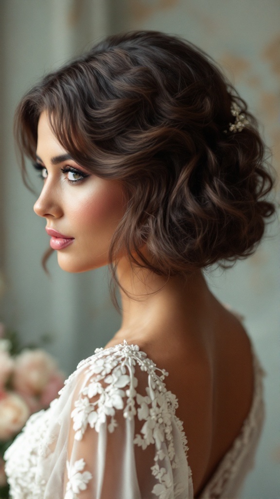 A woman with a vintage-inspired curly bob hairstyle, wearing a floral-embroidered dress.