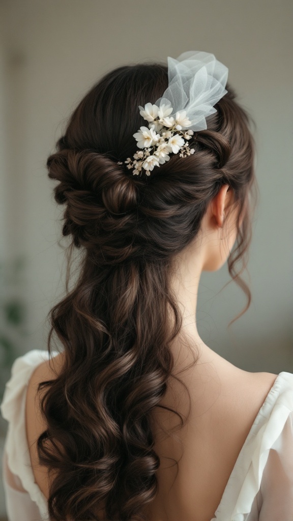 A vintage-inspired half-up hairstyle featuring soft curls, tulle veil, and floral hair accessory.