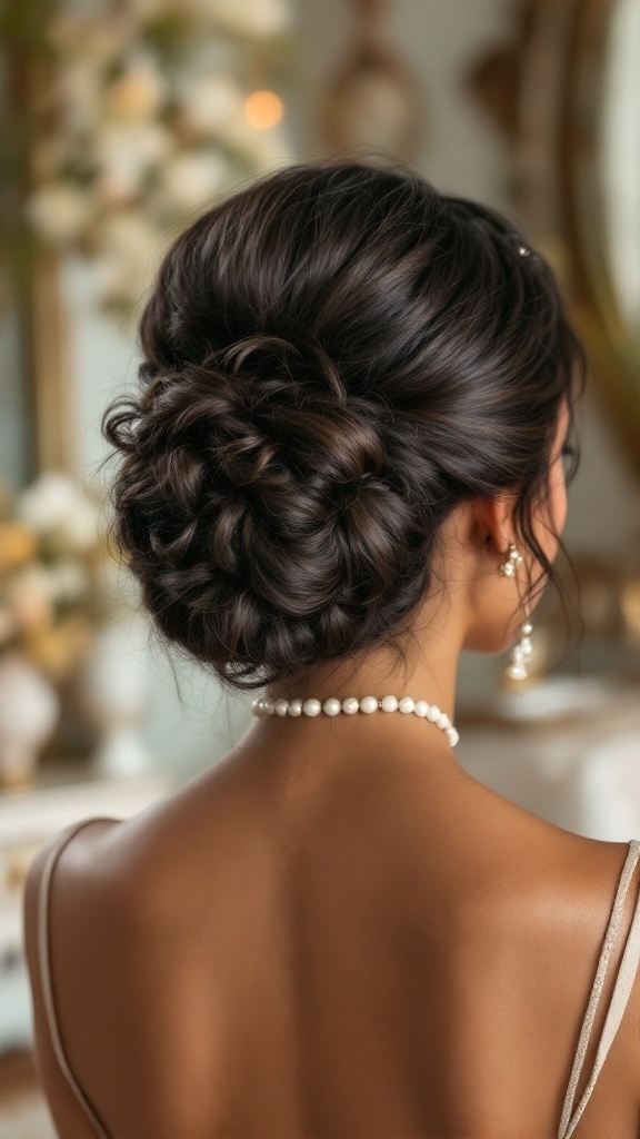 A woman with a vintage-inspired low bun hairstyle featuring soft curls, adorned with pearl earrings.