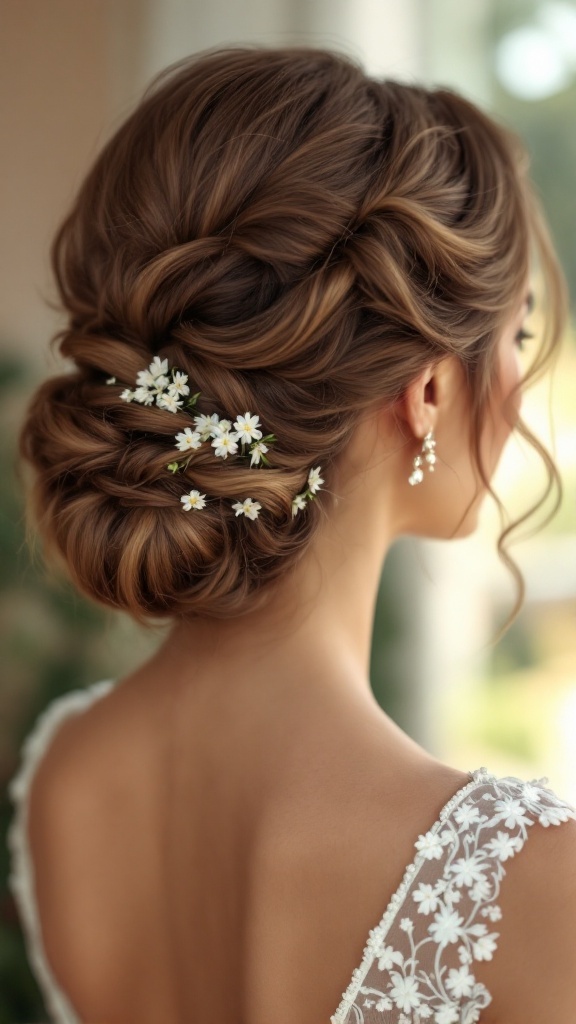 A vintage-inspired soft bouffant hairstyle with flowers, showcasing elegance and romance.