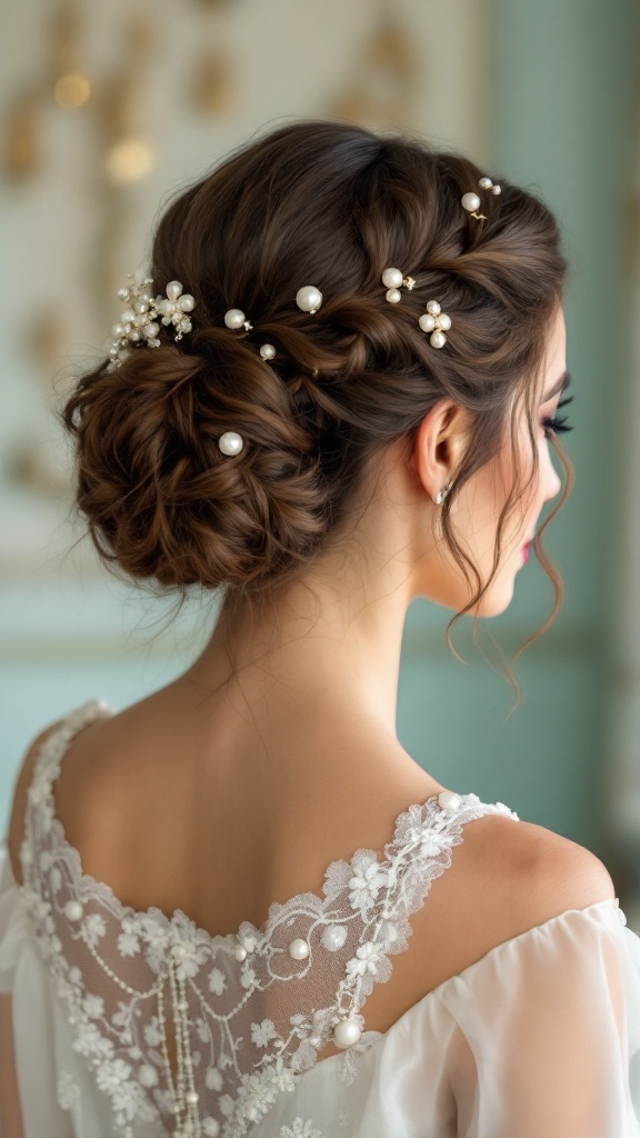 A vintage-inspired twisted half-up hairstyle adorned with pearls and floral accents, showcasing elegance.